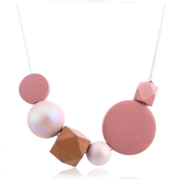 Statement bead beaded art necklace wood wooden jewelry fashion pink brown new - Picture 2 of 6